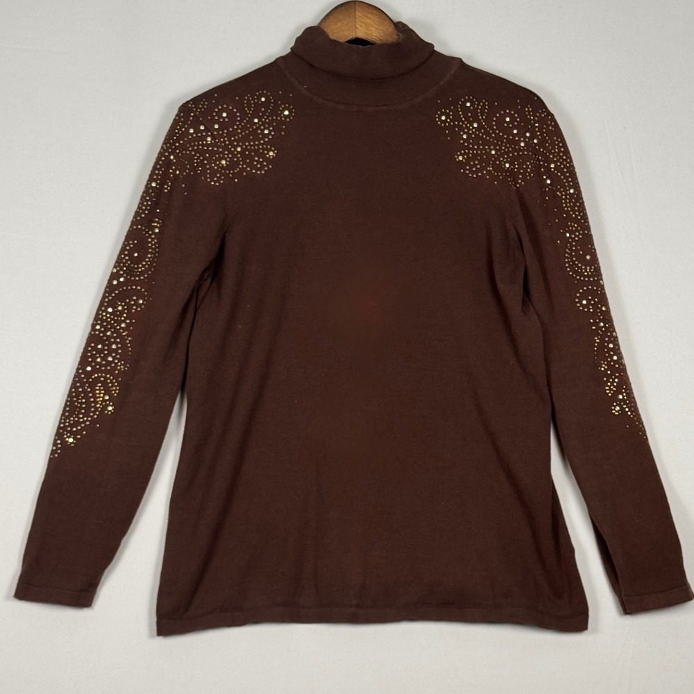 Reba Turtleneck Sweater Women XL Brown Studded Rhinestone Y2K Embellished Top